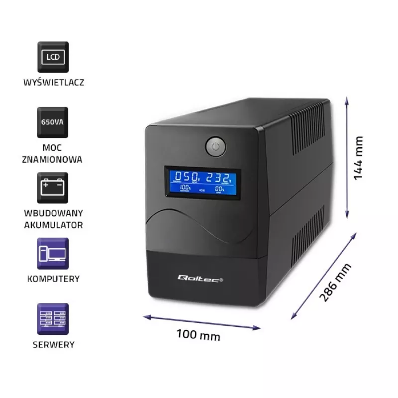 Qoltec Monolith UPS Double-conversion Online 0,65 kVA 360 W 2 gniazda AC