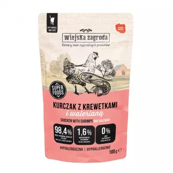 WIEJSKA ZAGRODA Kurczak z krewetkami i walerianą – Mokra karma dla kota – 100g