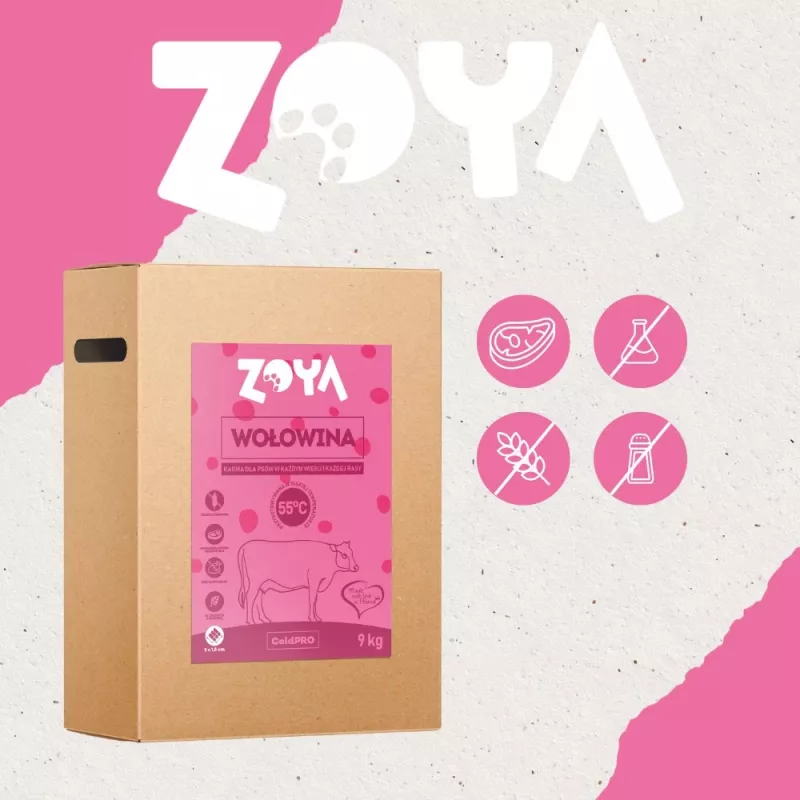 Sucha karma dla psów ZOYA ColdPRO Beef 9 kg — kompletna sucha karma dla dorosłych psów, 27% białka, 9,5% tłuszczu, bezglutenowa, bez cukru