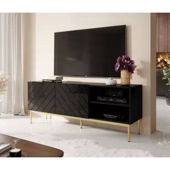 ABETO szafka RTV na złota stalowa rama 150x42x60 czarny/połysk czarny