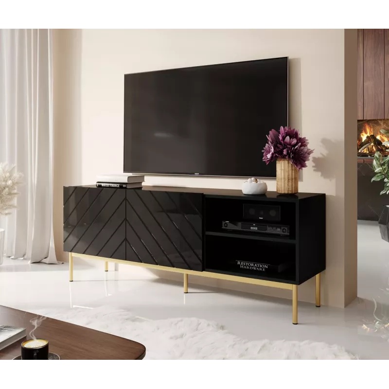 ABETO szafka RTV na złota stalowa rama 150x42x60 czarny/połysk czarny