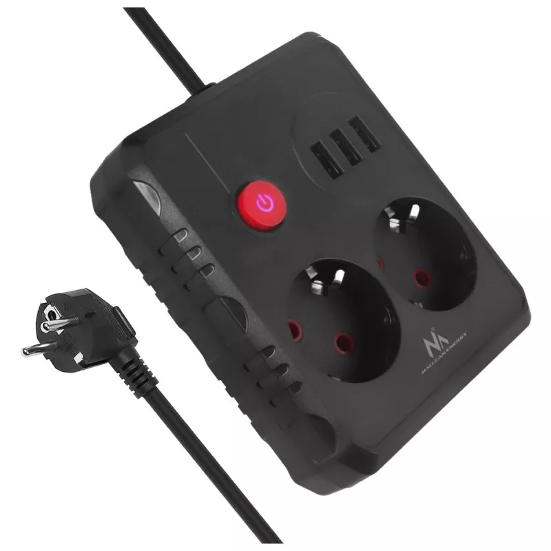 Listwa zasilająca MACLEAN MCE388 B — 2 gniazda AC, 3×USB A, 110–120V 50/60Hz, 2500W, kabel 3 m, czarny