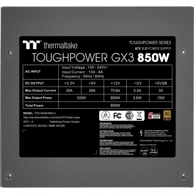 Thermaltake ToughPower GX3 - Zasilacz (wewnętrzny) - ATX12V 3.0 - EPS12V - 80 PLUS Gold - AC 100-240 V - 850 W - Czarny (PS-TPD-0850NNFAGE-3)