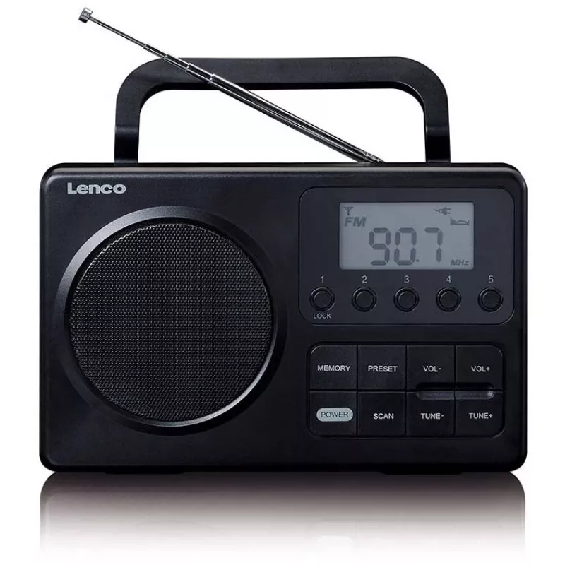 Przenośne radio Lenco MPR-035BK — FM/AM, zasilanie sieciowe i bateryjne, 2,5-calowy wyświetlacz LCD, 20 stacji FM w pamięci, wyjście 3,5 mm