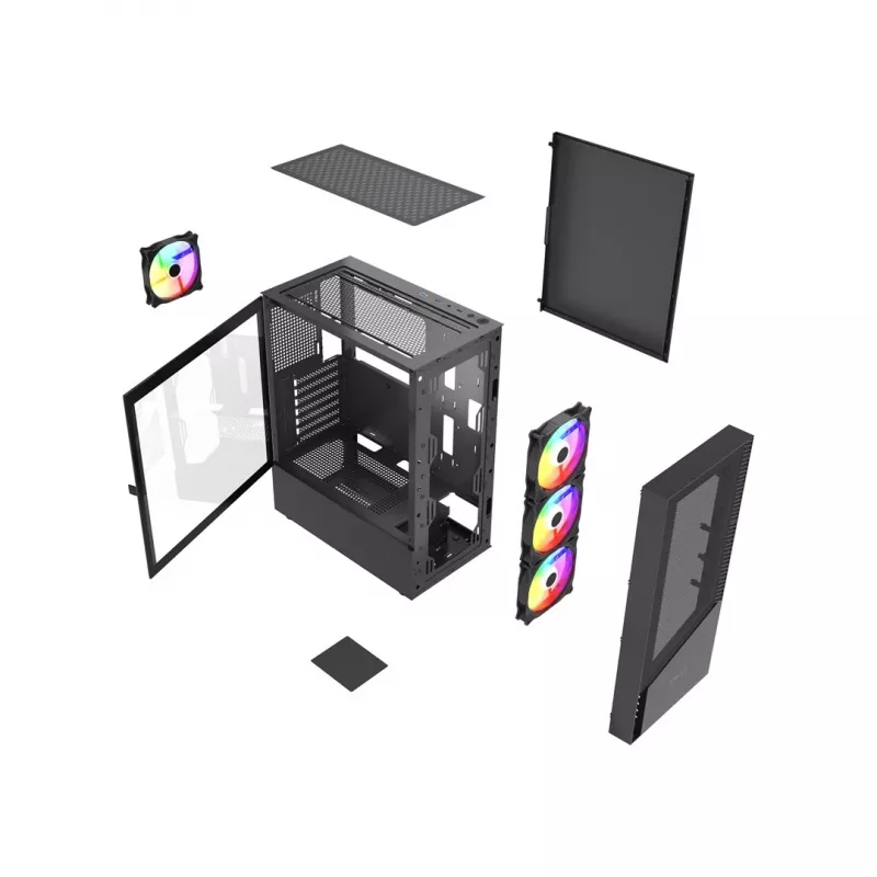 Obudowa PC GEMBIRD Fornax 4300 Midi Tower ATX, szkło hartowane, 2x3.5 cala wnęki, 3x2.5 cala wnęki, obsługa wentylatorów ARGB, USB 3.2 Gen1