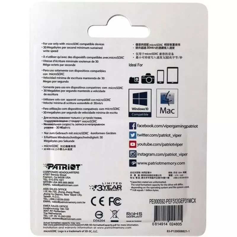 Karta pamięci MicroSDXC PATRIOT 512 GB UHS‑I U3 V30 Class 10, odczyt do 90 MB/s, w zestawie adapter