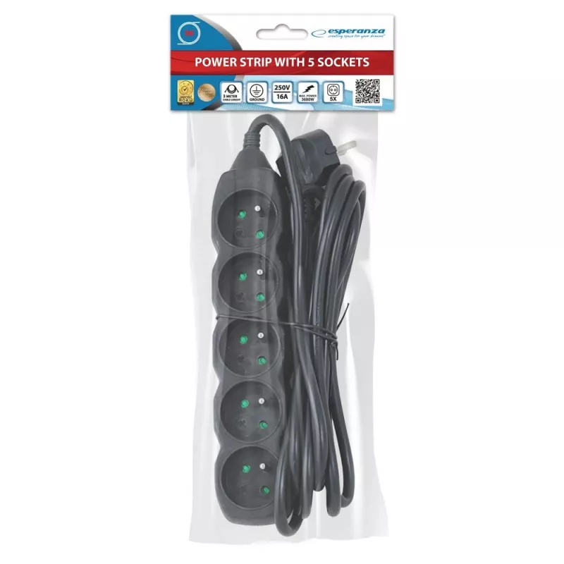 Listwa zasilająca ESPERANZA ELK208K — 5 gniazd, kabel 3 m, czarna