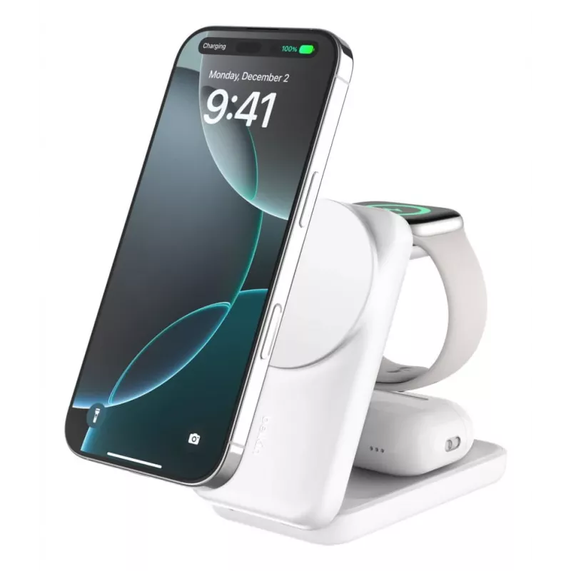 Ładowarka wewnętrzna Belkin UltraCharge 25 W Qi2 3w1 magnetyczna EU biała kwadratowa