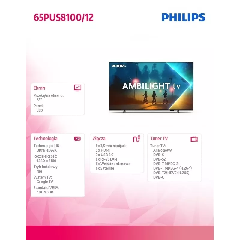 Telewizor Philips 65PUS8100/12 65-calowy LED 4K Ultra HD, klasa energetyczna E