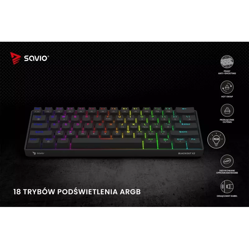 Mechaniczna klawiatura gamingowa SAVIO CzarnyOUT X2 BROWN 61-klawiszowa 60% USB QWERTY RGB Outemu Brown