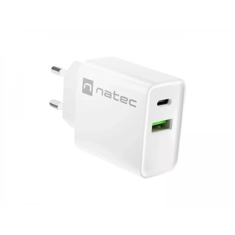 Ładowarka sieciowa szybkiego ładowania NATEC RIBERA 12V 20W USB-C PD 3.0 + USB-A Samsung AFC biała