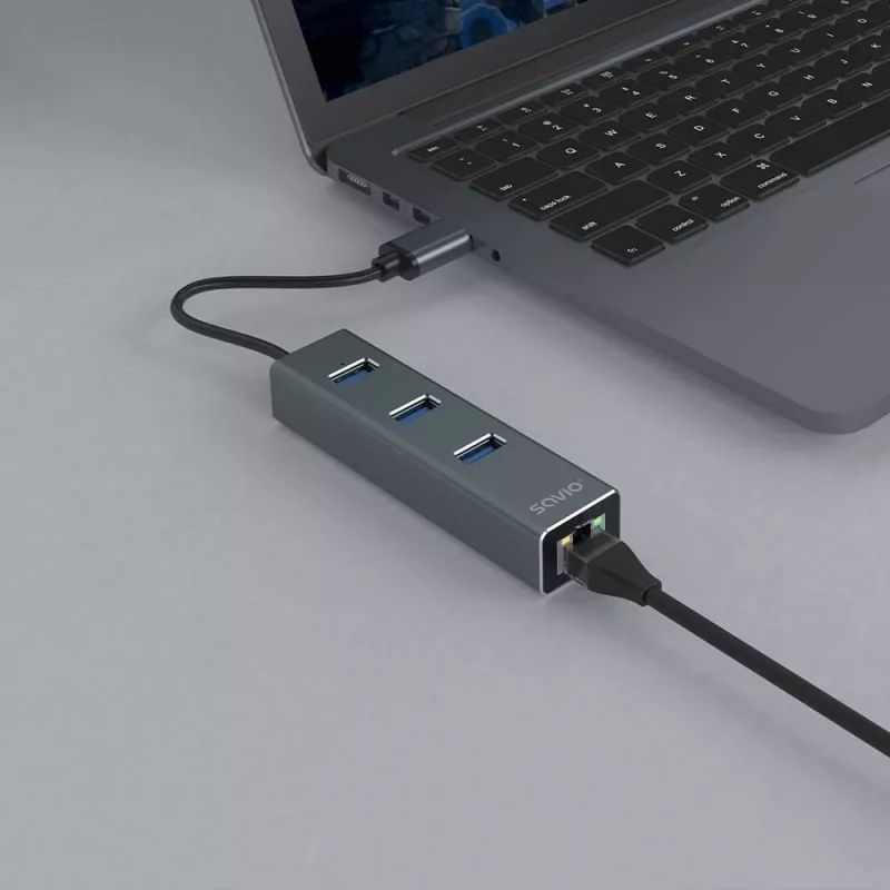 SAVIO USB-A hub z RJ-45 Gigabit Ethernet AK-57 — 3× USB-A + RJ-45, USB 3.2 Gen 1 Micro‑B host, 5 Gbit/s, 4 porty, szary