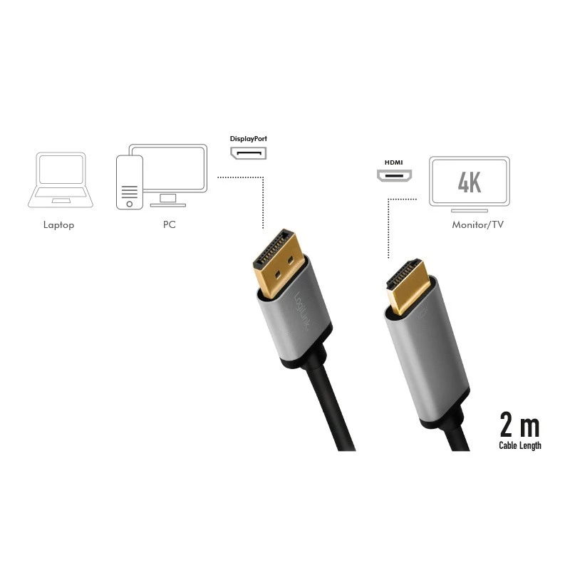 LogiLink CDA0107 adapter kabla wideo 2 m DisplayPort HDMI Szary Czarny