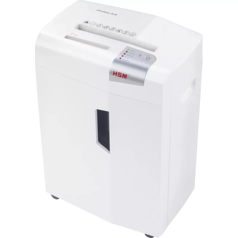 Papier niszczarka HSM X15, cięcie na cząsteczki P-4, 23 cm szerokość robocza, pojemność 16 arkuszy, pojemnik 26 l, srebrny
