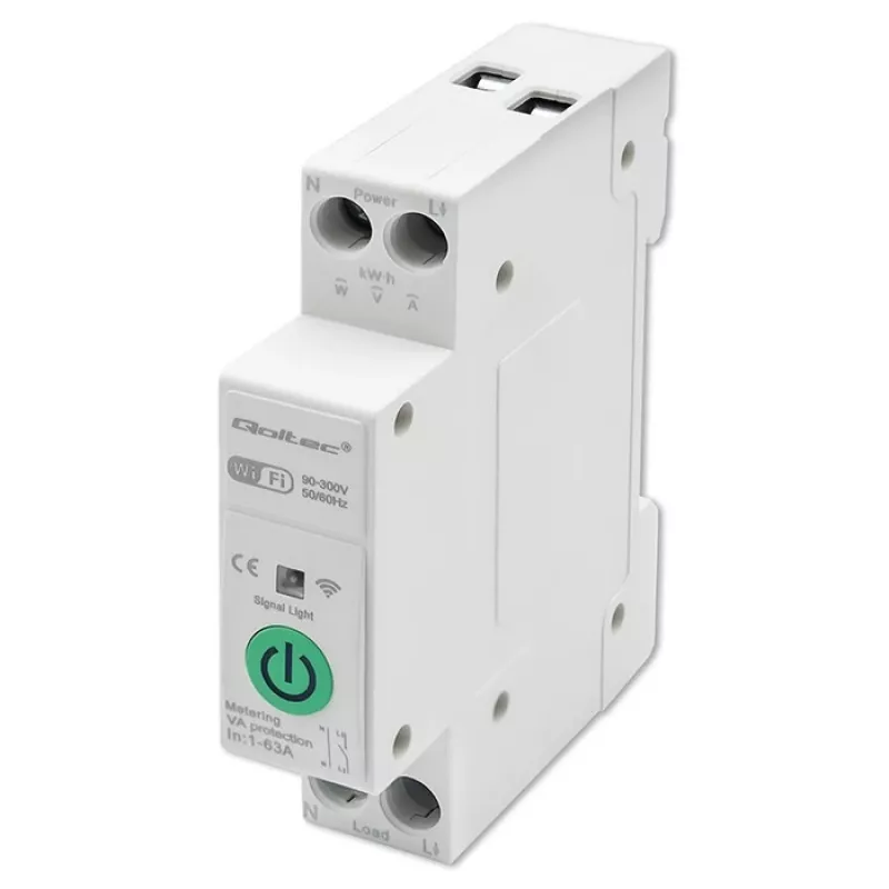 Przekaźnik WiFi na szynę DIN QOLTEC 50881 — przekaźnik przełączający zasilanie sieciowe 63A do instalacji elektrycznych