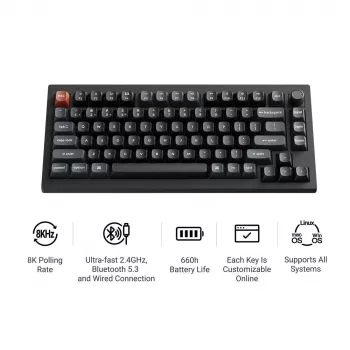 Klawiatura mechaniczna Keychron V1 Ultra 8K — 75% QWERTY, Bluetooth, przewodowa, RGB, czarna