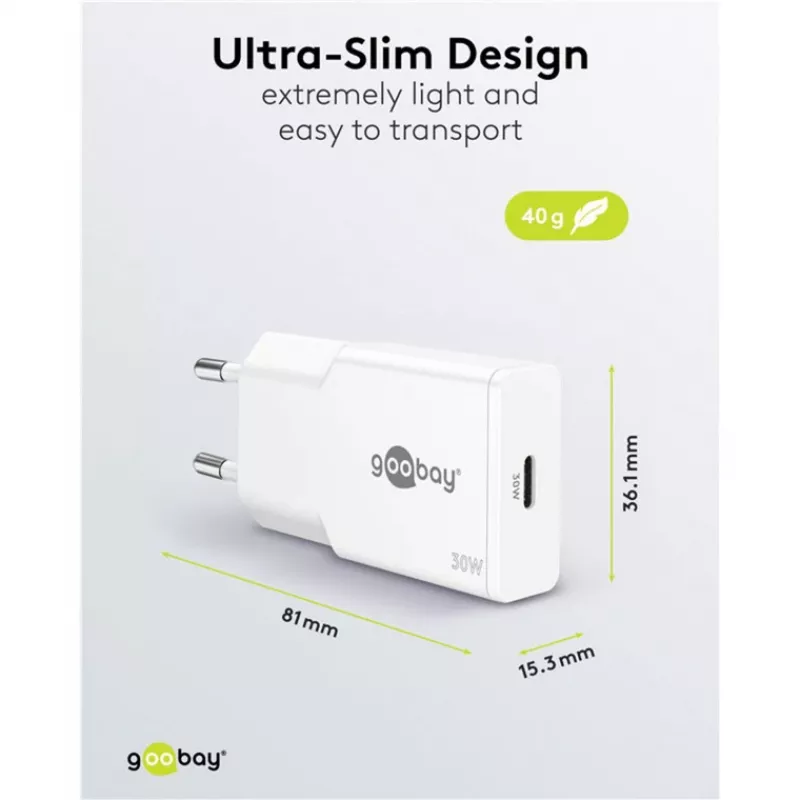 USB-C PD GaN Fast Charger cienki (30 W) (Biały)