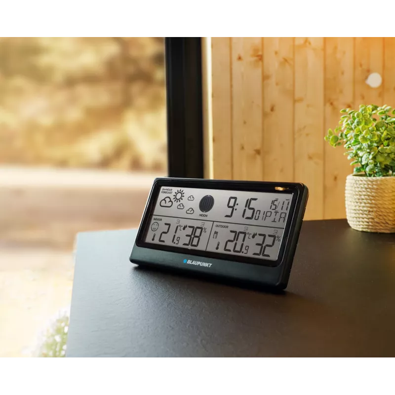 Stacja pogodowa BLAUPUNKT WS20BK — wyświetlacz temperatury i wilgotności wewnątrz/na zewnątrz, czarna, 1 czujnik, LCD, zasilana bateriami