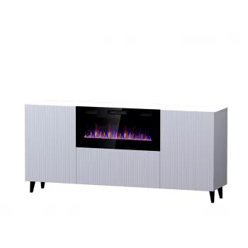 Komoda z kominkiem elektrycznym Cama Meble PAFOS, 180x42x82 cm, biały mat, 1400–1600 W, bezuchwytowa, 3 drzwi, 2 półki