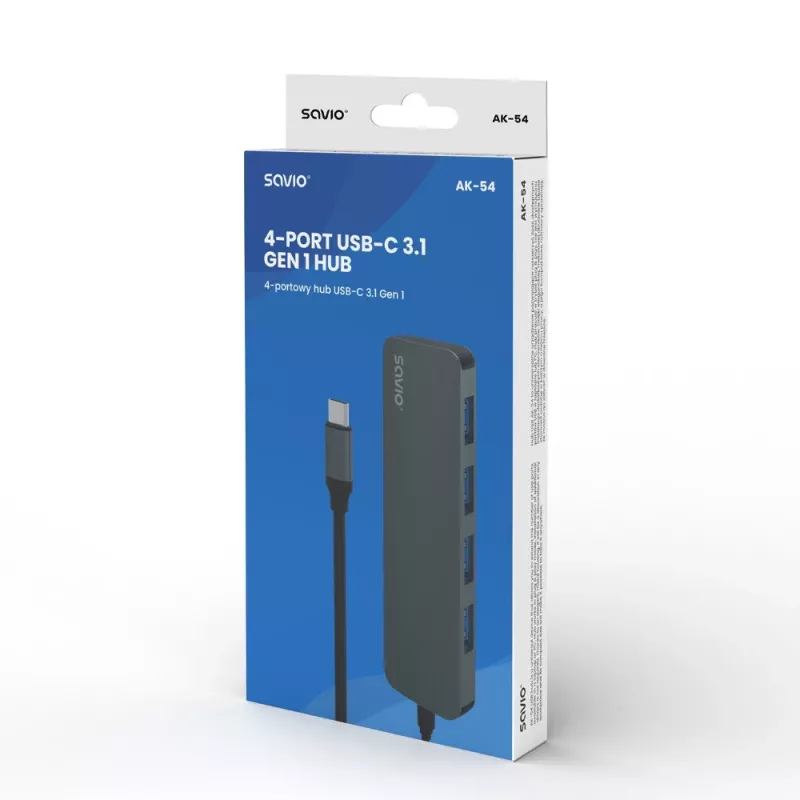 Hub USB SAVIO AK-54 — 4 x USB-A (USB 3.2 Gen 1), host USB-C, czarny