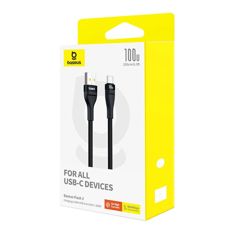 Baseus Flash 2 USB A do USB C kabel szybkiego ładowania 2 m 100 W Czarny