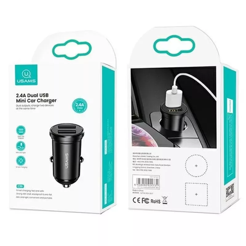 Ładowarka samochodowa usams USA000867 — Dual USB 2×2.4A, czarna