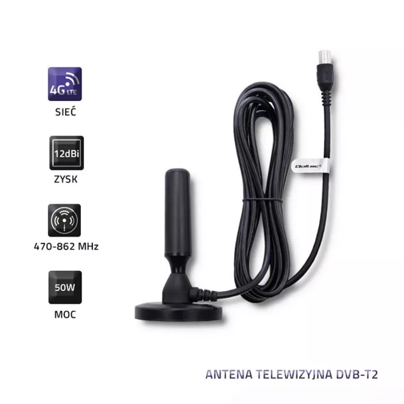 Wewnętrzna antena telewizyjna QOLTEC 57016 DVB-T2 — kompaktowa konstrukcja do cyfrowego odbioru naziemnego
