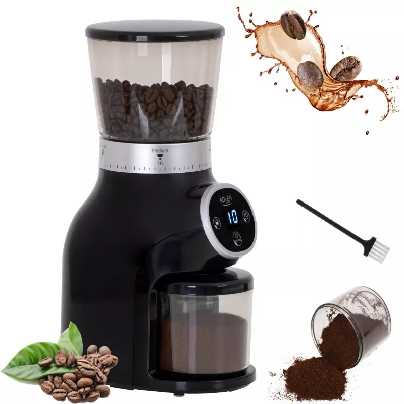Profesjonalny młynek do kawy, stalowe żarna, 31 ustawień mielenia, Café 90g/m, Adler, AD4450, 300, Czarny