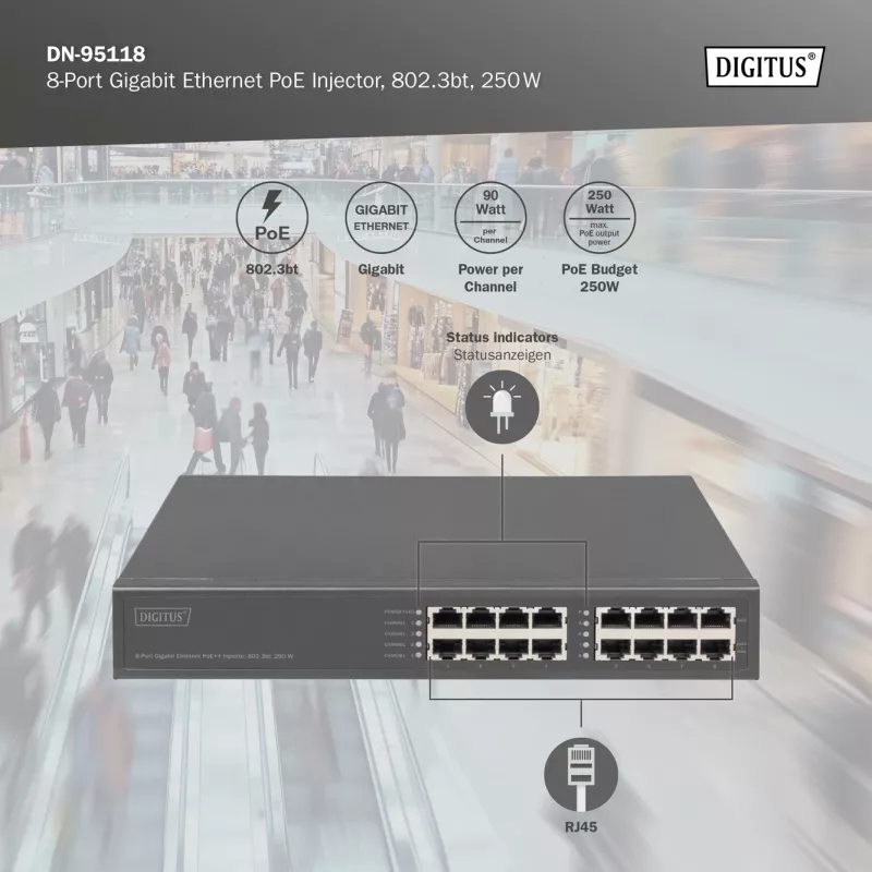 Zasilacz PoE Digitus 8-portowy Gigabit Ethernet, 802.3bt, 250 W