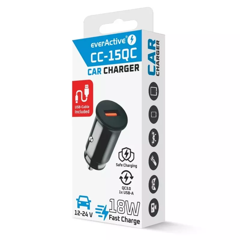 Ładowarka samochodowa everActive CC-15QC QC3.0 18W 1x USB z kablem