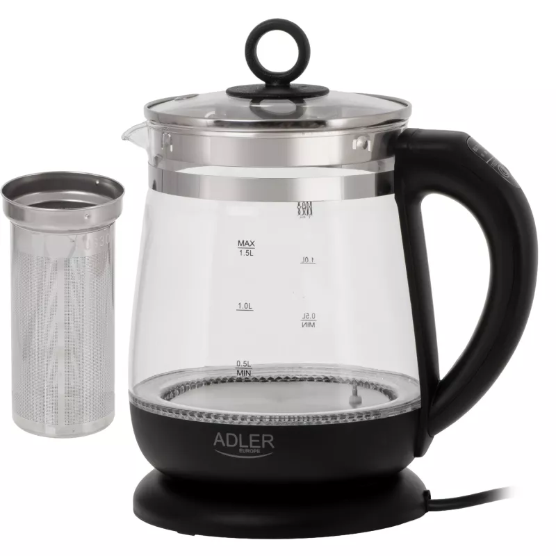 Czajnik Adler AD 1299 | Elektryczny | 2200 W | 1,5 L | Szkło | Obrotowa podstawa 360° | Czarny