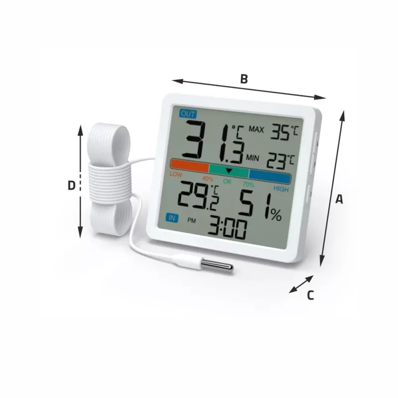 Termohigrometr MANTA MTO002W z czujnikiem zewnętrznym (150 cm), wewnątrz 0–+50°C, na zewnątrz -40–+70°C, wilgotność 20–95% RH, wskaźnik komfortu, zegar