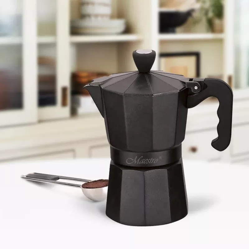 Maestro MR-1666-3-Czarny – moka pot, ręczny aluminiowy ekspres do kawy na 3 filiżanki, 150 ml, czarny