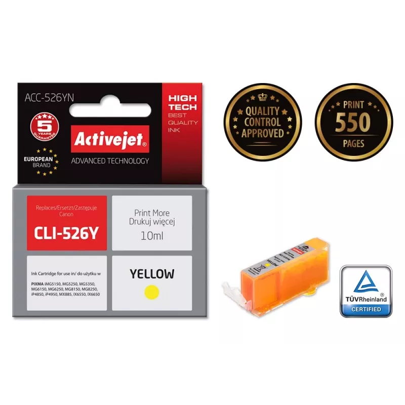 Activejet ACC-526YN Wkład atramentowy (zamiennik Canon CLI-526Y; Supreme; 10 ml; żółty)