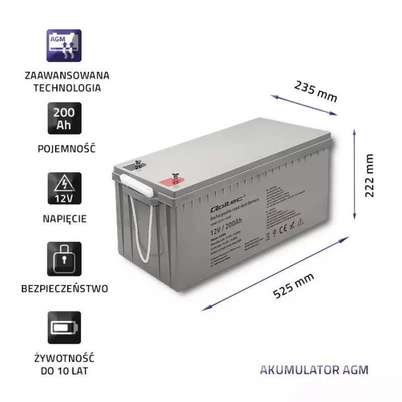 Akumulator AGM QOLTEC 53069 12V 200Ah do zasilania awaryjnego i systemów UPS