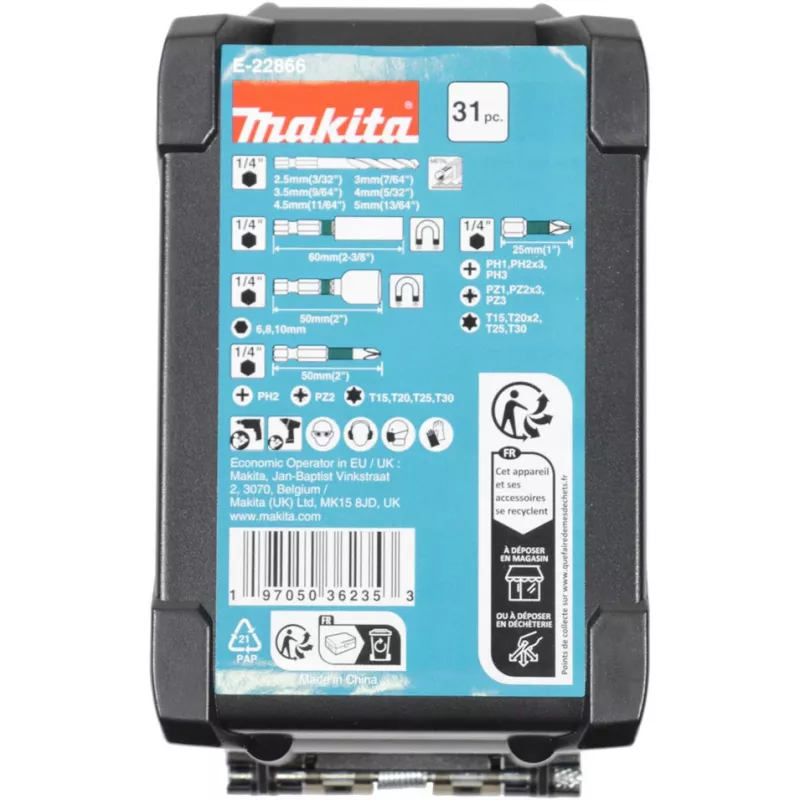 Zestaw wierteł Makita E-22866 — 31 sztuk, różne rozmiary do drewna, metalu, muru