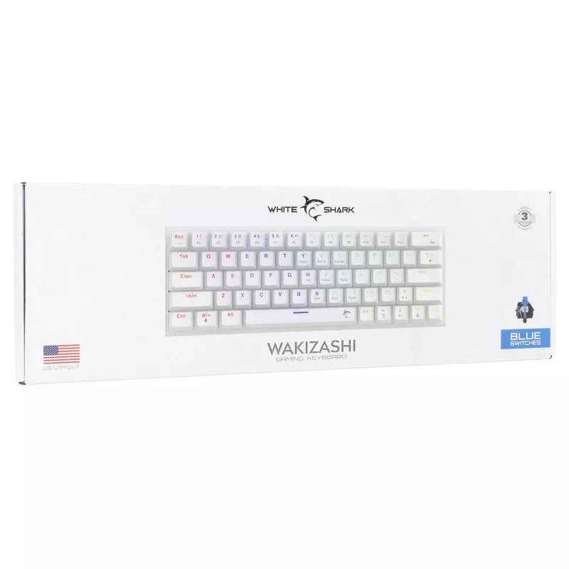 Mechaniczna klawiatura gamingowa White Shark Wakizashi WAKIZASHI-2-US-W-BLUE — układ US, niebieskie przełączniki
