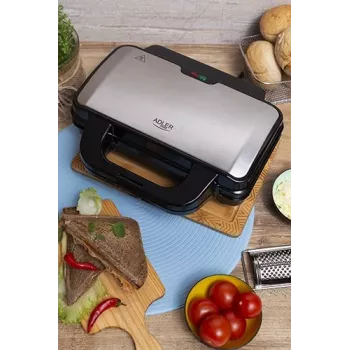 Opiekacz do kanapek Adler AD 3043, 1300 W, płyty z powłoką nieprzywierającą, 2 kanapki, powierzchnia grillowa 285×152 mm, czarny