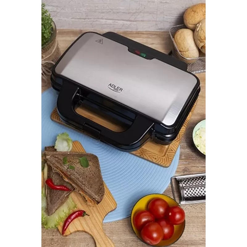 Opiekacz do kanapek Adler AD 3043, 1300 W, płyty z powłoką nieprzywierającą, 2 kanapki, powierzchnia grillowa 285×152 mm, czarny