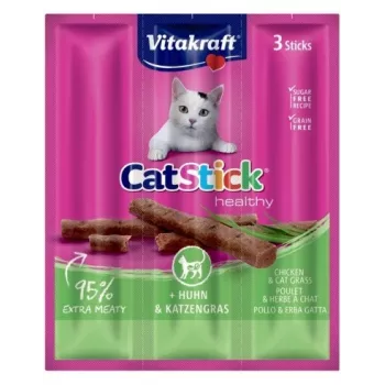 Mokre przysmaki dla kota Vitakraft CatStick Mini z kurczakiem i trawą, 3 szt. — 18 g, mięsny smak kurczaka, 28% wilgotności
