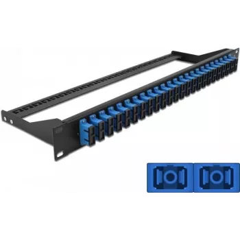 Patch panel DELOCK 43392 1U na światłowód SC, do montażu w szafie rack, 482,6×43,6×150 mm, czarno-niebieski