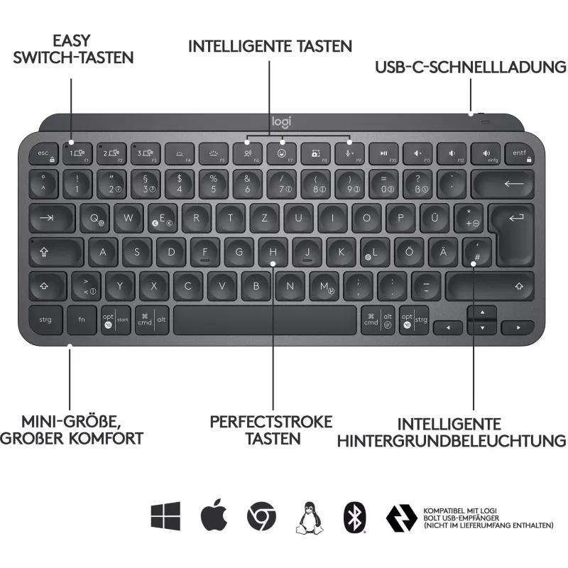 Logitech MX Keys Mini - klawiatura - podświetlana - Bluetooth - QWERTZ - szwajcarska - grafitowa (920-010485)