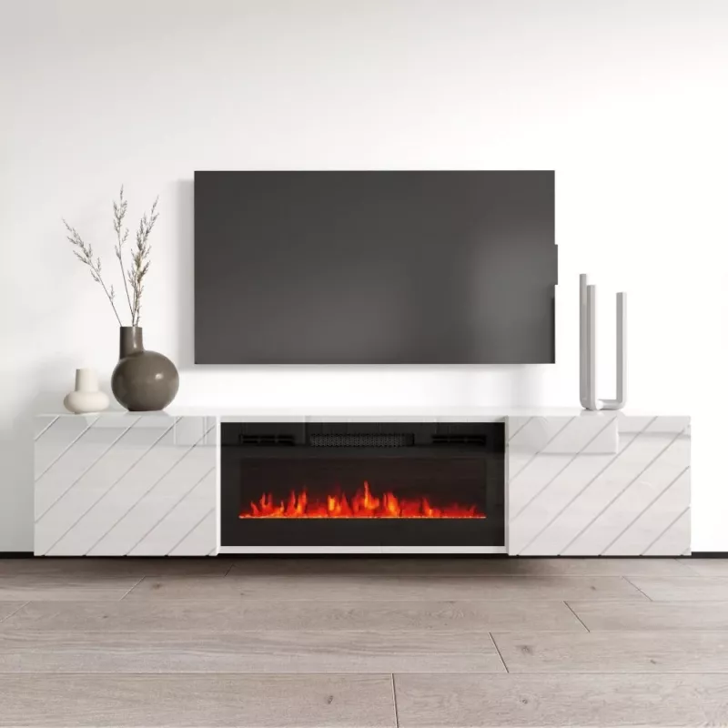 Szafka RTV cama meble LUXE 1826×345×375 mm biały połysk z wbudowanym czarnym kominkiem elektrycznym (1400–1600 W)
