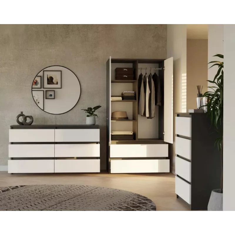 Szafa top e shop MALWA SS-90, 90×180×50 cm, rama antracytowa, białe drzwi uchylne, 2 szuflady, laminat 16 mm