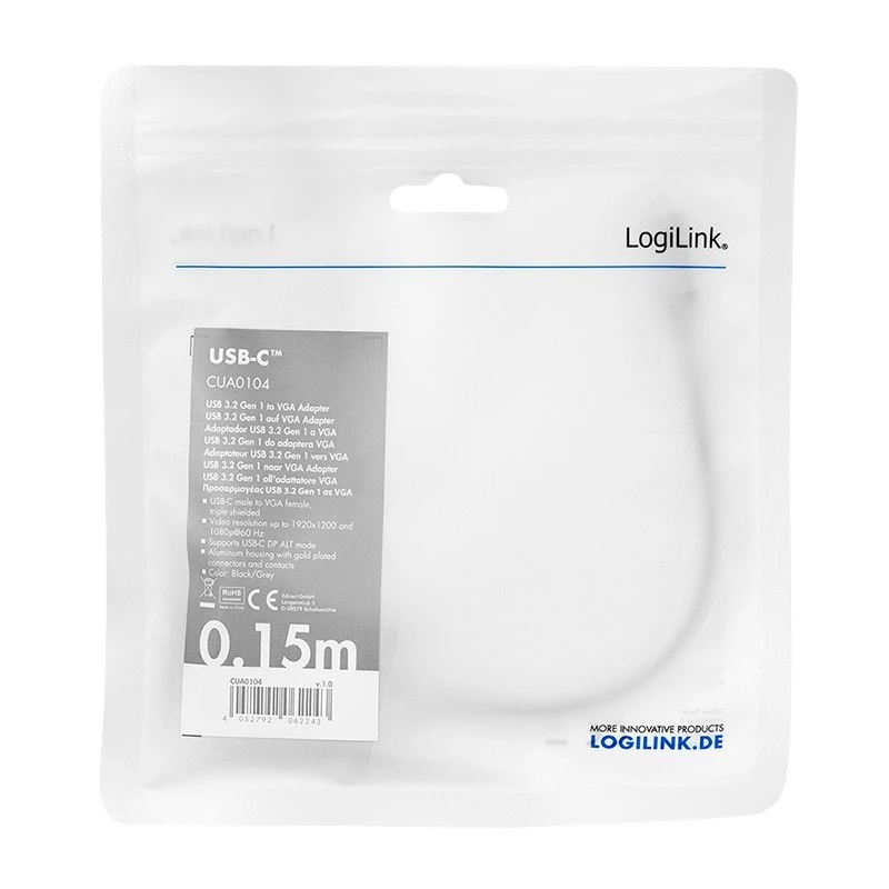 adapter kablowya wideo USB Type-C do VGA (D-Sub) LOGILINK CUA0104 0,15 m, szary/czarny