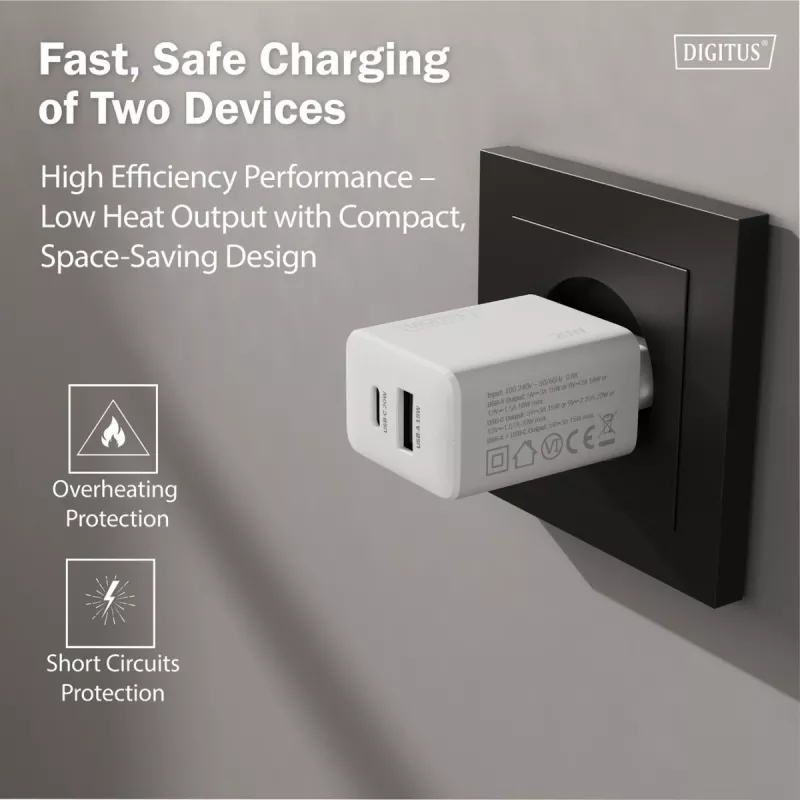 Ładowarka sieciowa USB DIGITUS 20W, 1x USB-C, 1x USB-A, wejście 100–240V, biała