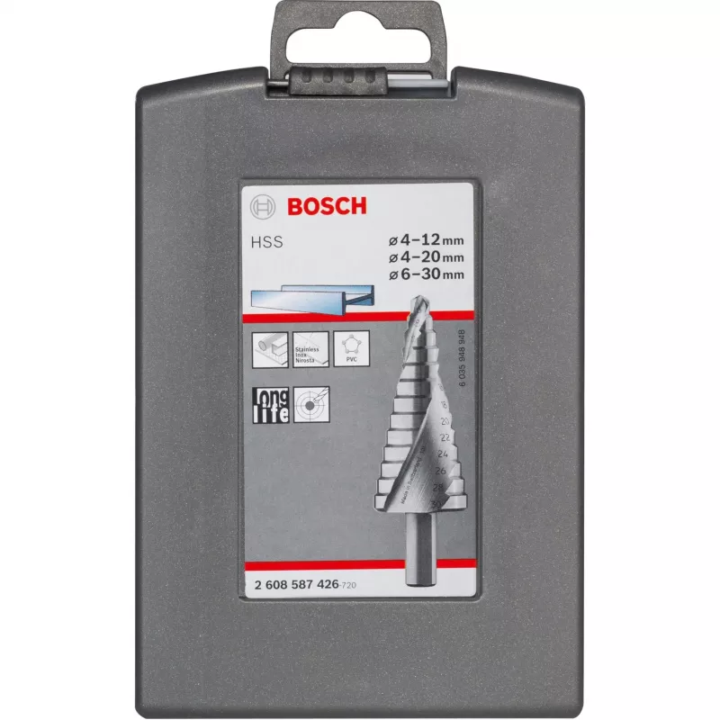Zestaw wierteł stopniowych Bosch HSS z chwytem 3-płaskim do aluminium i tworzyw sztucznych