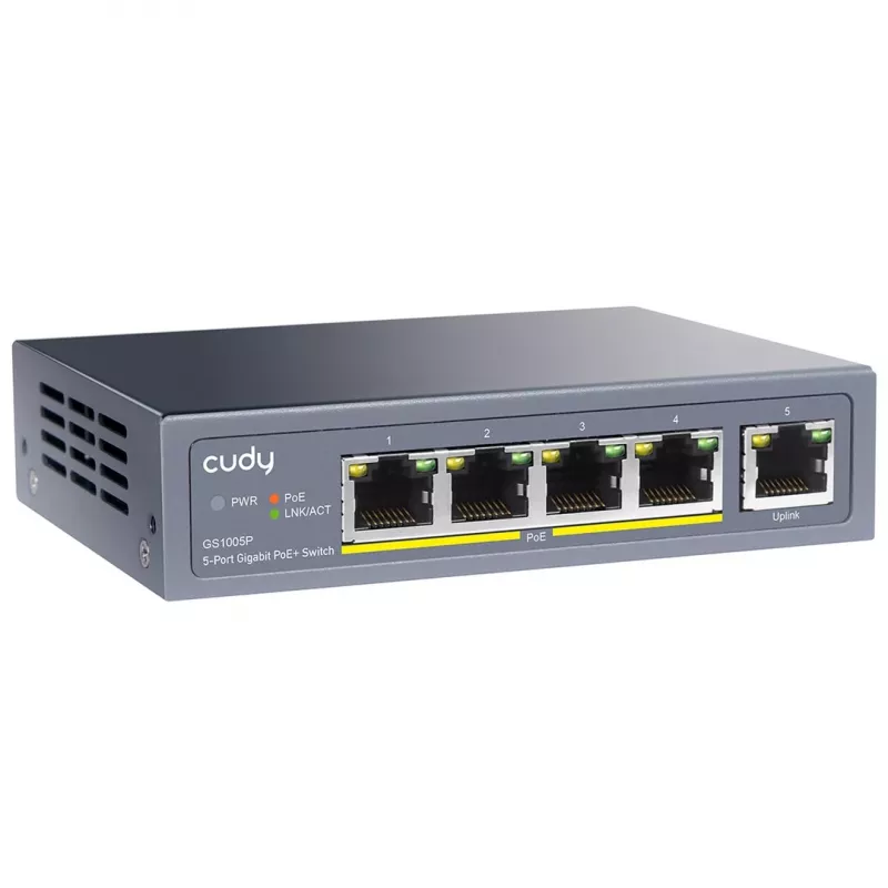Przełącznik sieciowy Cudy GS1005P — 5-portowy Gigabit Ethernet z 4 portami PoE, 60W łącznie, obudowa metalowa, montaż w szafie rack