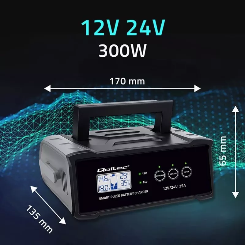 Prostownik QOLTEC 52514 — 12 V/24 V, 25 A, do akumulatorów AGM/żelowych/SLA z wyświetlaczem LCD