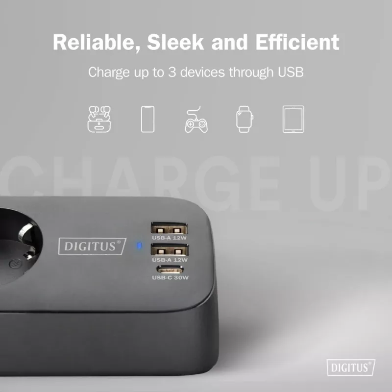 Listwa zasilająca DIGITUS 3-gniazdowa z 2×USB-A i 1×USB-C, 3 gniazda AC typu E/F, kabel 1,5 m, czarna